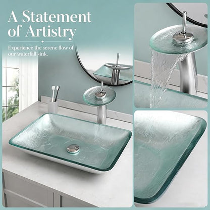22×14 Inch Tempered Glass Bathroom Vessel Sink, Silver Rectangle | Above Counter, With Faucet and Pop Up Drain Combo, Sinks Bowl for Vanity, Art Basin, Easy Clean and Install