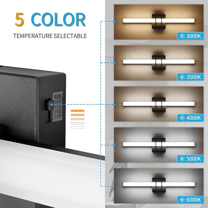 Modern Black Vanity Light Bar 24 Inch, 16W 5CCT Dimmable Bathroom Light Fixtures LED Wall Lighting Fixture