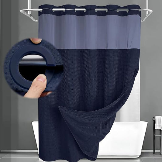 No Hook Shower Curtain with Liner Set Hotel Waffle Curtain Blue 72W X 75L | Washable Snap in Fabric Liner, Mesh Top Window, Waffle Hotel Style Shower Curtain Set