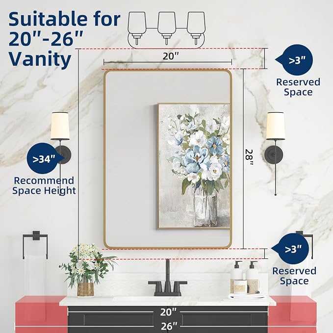 Medicine Cabinet 20 x 28 Inch, Brush Gold Bathroom Medicine Cabinet with Mirror,Metal Beveled Mirror, Adjustable Shelves, Recessed or Wall Mount, Sturdy & Solid, Bathroom Mirror with Storage