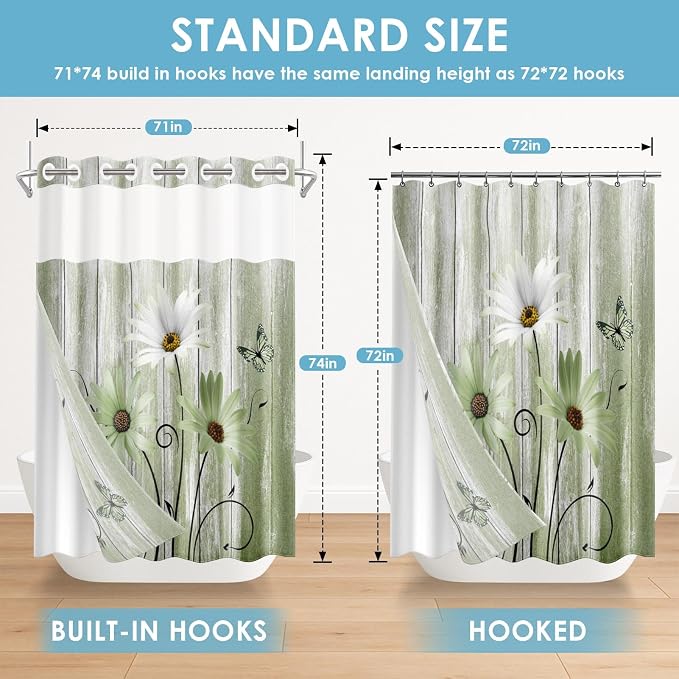 No Hook Shower Curtain with Snap in Liner 71x74 Inch Green Daisy | Farmhouse Rustic Butterfly Modern Double Layers Waterproof Fabric with See Through Top Window Open Grommet Bath Curtain