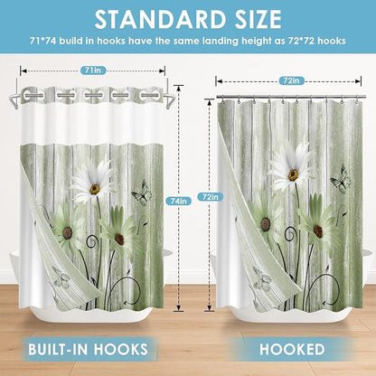 No Hook Shower Curtain with Snap in Liner 71x74 Inch Green Daisy | Farmhouse Rustic Butterfly Modern Double Layers Waterproof Fabric with See Through Top Window Open Grommet Bath Curtain