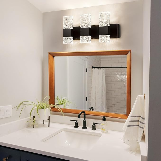 Modern Bathroom Lights - Bathroom Light Fixtures Over Mirror 30W Dimmable Crystal Wall sconces 3 Lights Black Brushed Hardwired Wall Lights 4000K LED Bathroom Vanity Light Fixtures