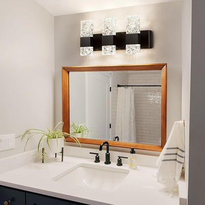 Modern Bathroom Lights - Bathroom Light Fixtures Over Mirror 30W Dimmable Crystal Wall sconces 3 Lights Black Brushed Hardwired Wall Lights 4000K LED Bathroom Vanity Light Fixtures