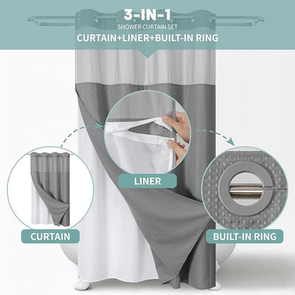 eachope No Hook Waffle Shower Curtain with Snap-in Liner, 60x74 Inch, Grey | 230GSM waffle weave fabric, waterproof liner set with 2 bottom magnets, mesh window, washable, for shower stalls or bathrooms