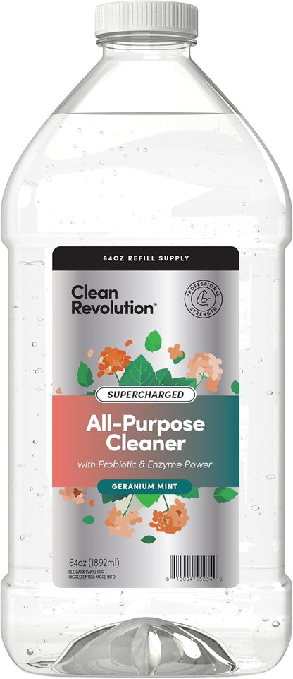 Clean Revolution SuperCharged All Purpose Cleaner Refill with Smart Probiotic + Enzyme Complex, Multi-Surface Kitchen Bathroom & Floor Cleaner, Geranium Mint, 64 Fl oz (Pack of 1)
