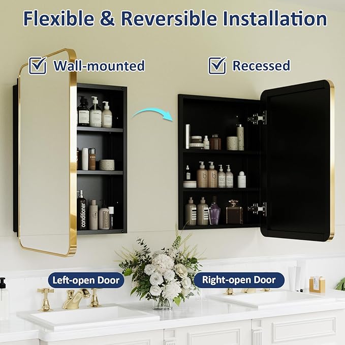 Medicine Cabinet Mirror 20x28 Inch, Gold Bathroom Mirror Cabinet with Stepless Adjustable Shelves, Stainless Steel Frame, Bathroom Mirror with Storage Recessed or Wall Mount