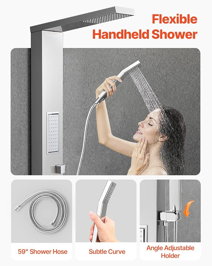 VEVOR Shower Panel Tower System with Rainfall Shower Head, 53 in Brushed Stainless Steel Shower Column, 3-Function Faucet, High Pressure Wall-Mount Rain Massage System, with Large Body Jet, Handheld