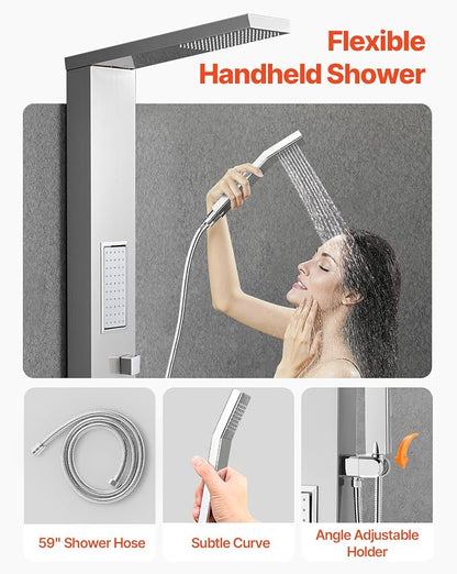 VEVOR Shower Panel Tower System with Rainfall Shower Head, 53 in Brushed Stainless Steel Shower Column, 3-Function Faucet, High Pressure Wall-Mount Rain Massage System, with Large Body Jet, Handheld