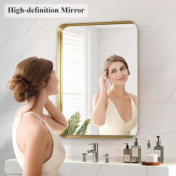 Fabuday Bathroom Mirror 28x36 Inch - Gold Bathroom Mirrors Over Sink, Brushed Metal Frame Wall Mirror for Entryway Modern Farmhouse Decor, Horizontal or Vertical Hanging
