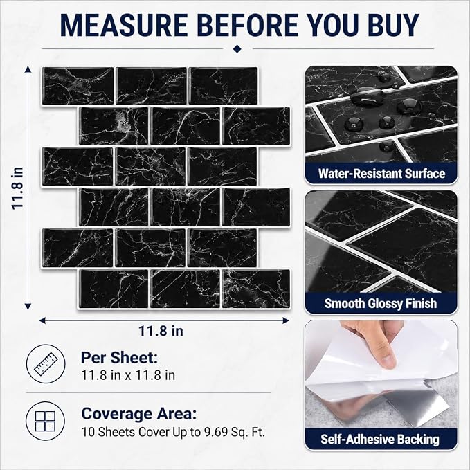 Peel and Stick Backsplash for Kitchen, Black | 10 pack self‑adhesive tiles for backsplash, bathroom, or accent wall. Easy DIY install and wipeable. Covers approx. 10 sq ft.