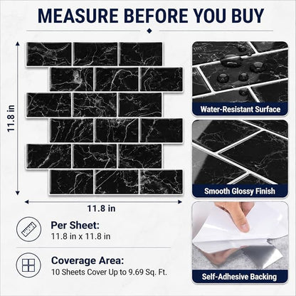 Peel and Stick Backsplash for Kitchen, Black | 10 pack self‑adhesive tiles for backsplash, bathroom, or accent wall. Easy DIY install and wipeable. Covers approx. 10 sq ft.