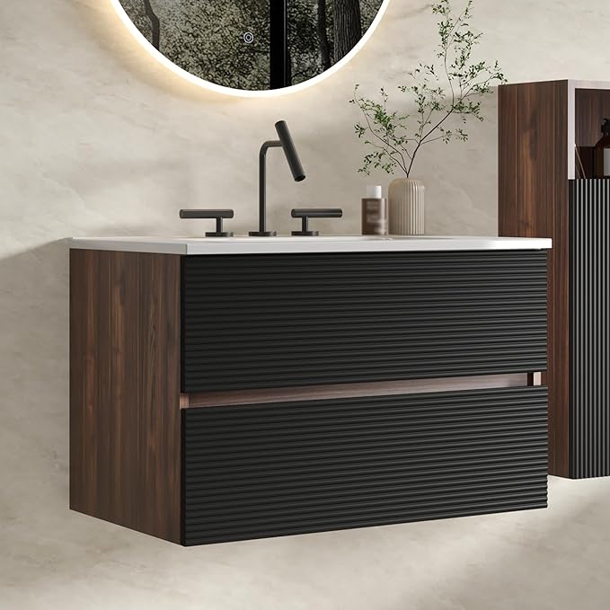 30" Floating Bathroom Vanity with Sink, Modern Wall Mounted Floating Vanity with Ceramic Sink, Double Soft-Close Drawers for Small Space, Apartment, Walnut+Black