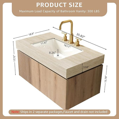 36” Floating Bathroom Vanity with Sink, Wall-Mounted Cabinet with Drawer & Doors, Roma Travertine-Pattern Countertop, Undermount Basin, 3 Faucet Hole, Soft-Close, Pre-Assembled, Light Oak