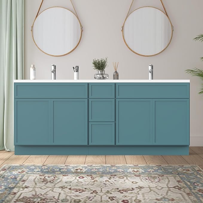 HomeBeyond 78 Inches Bathroom Vanity Base Cabinet Without Sink, Double Sink Top Sturdy Floor Mounted Cabinet with Door & Soft Closing Drawers, Green, VA4133-2+VA4112-3