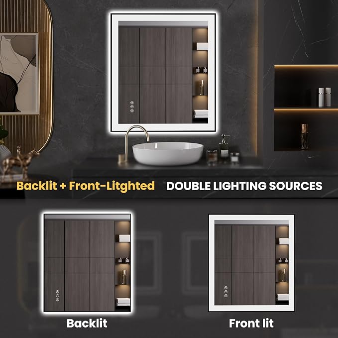LOAAO 32"X36" LED Bathroom Mirror Black Framed | Anti-Fog, Dimmable, Memory Function, Tempered Glass, Lighted Vanity Mirror for Wall
