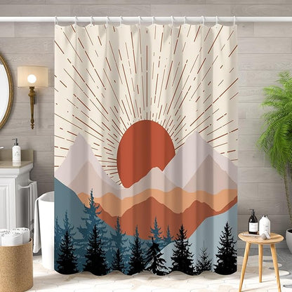 Abstract Mid Century Shower Curtain Boho Sunset Geometric Mountain Forest Aesthetic Shower Curtain Bohemian Minimalist Bathroom Decor Curtains Waterproof Fabric with Hooks 48x72 inch