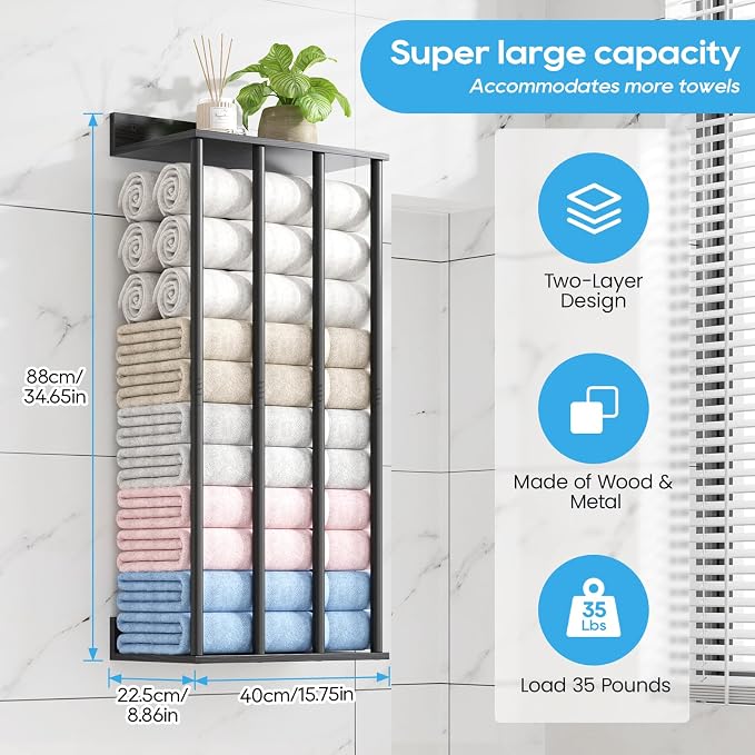 Wall Mounted 4-Bar Towel Rack with Wooden Shelf, Bathroom Storage Holder | Large Bathroom Towel Storage Rack for Rolled Towels, Modern Black Metal Towel Organizer Shelf with Wooden Storage Shelf