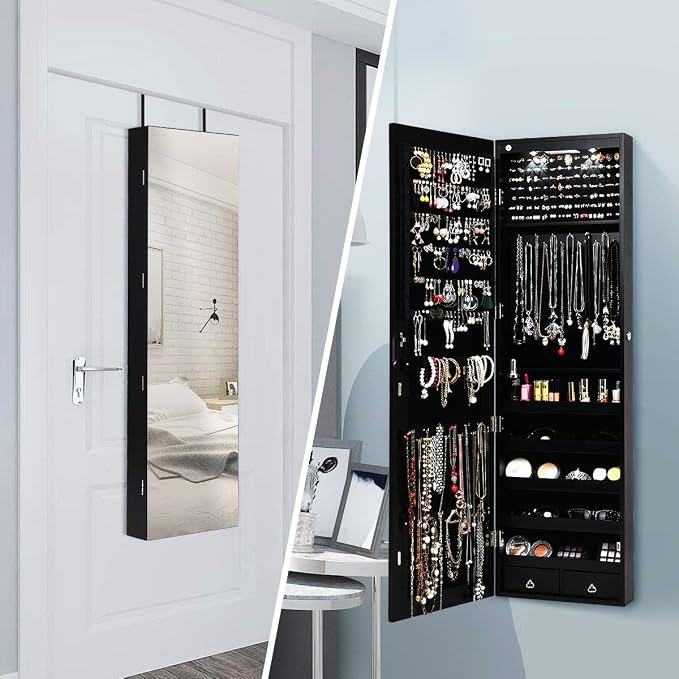 Giantex Wall Door Mounted Jewelry Armoire Cabinet with 47.5" H Full Length Mirror, 2 LEDs Lockable Jewelry Organizer Box with Bracelet Rod, 2 Drawers, Large Storage Capacity (Black)