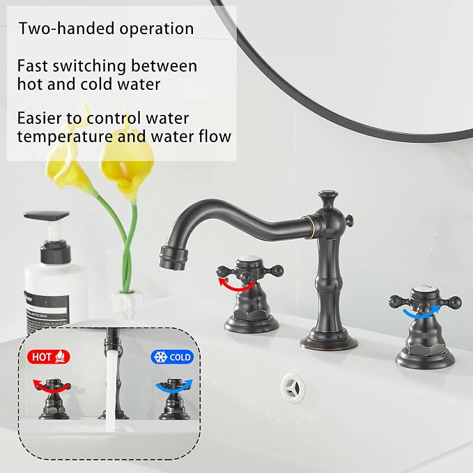 2 Handles 3 Holes Faucet Widespread Bathroom Sink Faucet Oil Rubbed Bronze Basin Tap Mixer Supply Hose Included Matching Pop Up Drain