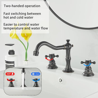 2 Handles 3 Holes Faucet Widespread Bathroom Sink Faucet Oil Rubbed Bronze Basin Tap Mixer Supply Hose Included Matching Pop Up Drain