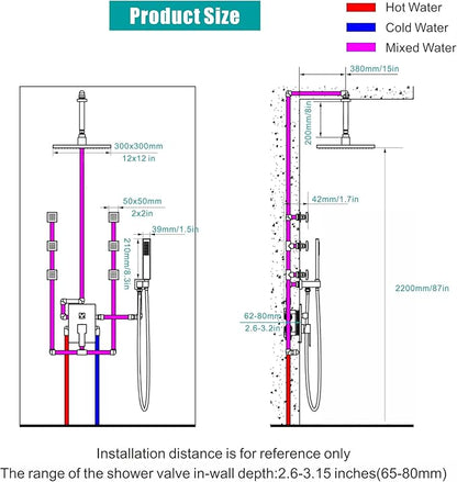 SKOWLL Matte Black Shower Faucet Set, High Pressure Ceiling 12 Inch LED Shower Head with Handheld Bathroom Full Body Shower System Include 6 Body Spray Jet