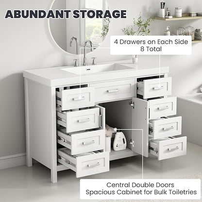 48" Single Bathroom Vanity with Sink Combo, Modern Bathroom Sink Cabinet with 2 Soft Closing Doors and 8 Drawers, Wood Vanity Set with Resin Basin, Freestanding, White