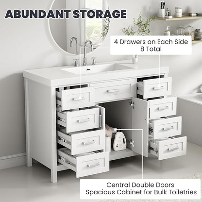 48" Bathroom Vanity with Resin Sink, Cabinet with Soft-Closing Drawers and Doors, Simple & Modern Style, Solid Wood Frame, White