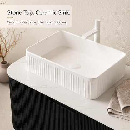 60 Inch Double Sink Bathroom Vanity, Floating Wall Mounted Cabinet, Black Curved Fluted Front, Stone Top, Dual White Textured Rectangular Vessel Basins, Pre-Assembled