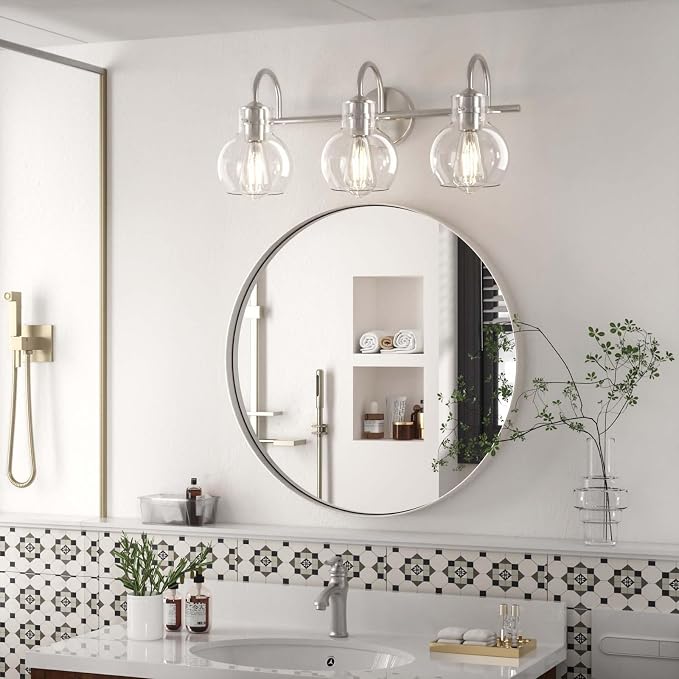 Bathroom Light Fixtures Brushed Nickel 3 Light Bathroom Lights Over Mirror with Clear Glass Shade Brushed Nickel Modern Wall Sconces Vanity Light for Bathroom UL Listed | Modern,Wall Sconce,Globe Glass Shade,E26 Base,UL Certified,Anti-Rust,Damp Rated,B...