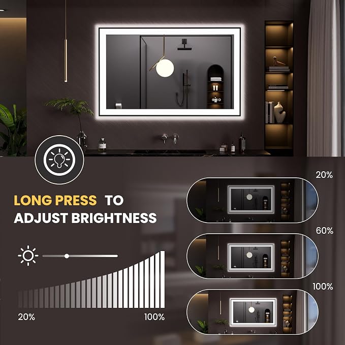 LOAAO 48"X30" LED Bathroom Mirror Black Framed | Anti-Fog, Dimmable, Memory Function, Tempered Glass, Lighted Vanity Mirror for Wall