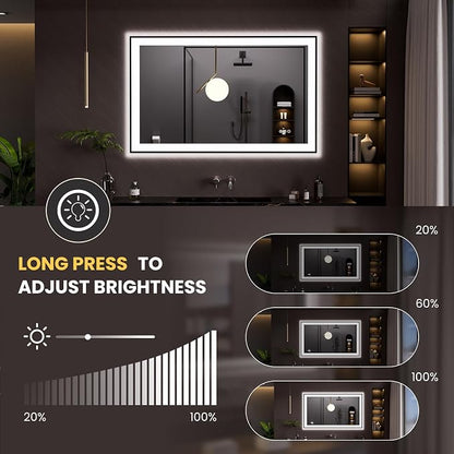 LOAAO 48"X30" LED Bathroom Mirror Black Framed | Anti-Fog, Dimmable, Memory Function, Tempered Glass, Lighted Vanity Mirror for Wall