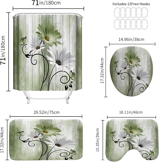 Onalasyc 4PCS Grass Green Daisy Bathroom Sets with Shower Curtain and Rugs | Country Floral Butterfly Shower Curtain Set,Modern Bathroom Decor Shower Curtains Set with Rugs Toilet Lid Cover and 12 Hooks