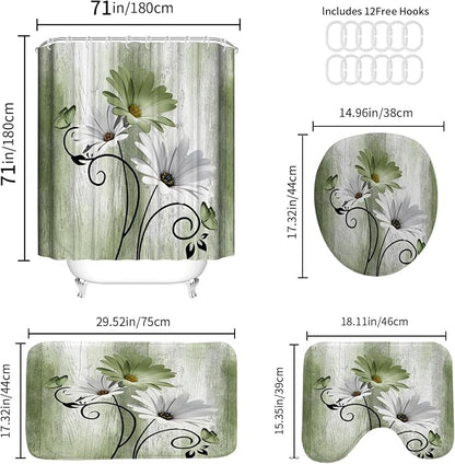 Onalasyc 4PCS Grass Green Daisy Bathroom Sets with Shower Curtain and Rugs | Country Floral Butterfly Shower Curtain Set,Modern Bathroom Decor Shower Curtains Set with Rugs Toilet Lid Cover and 12 Hooks