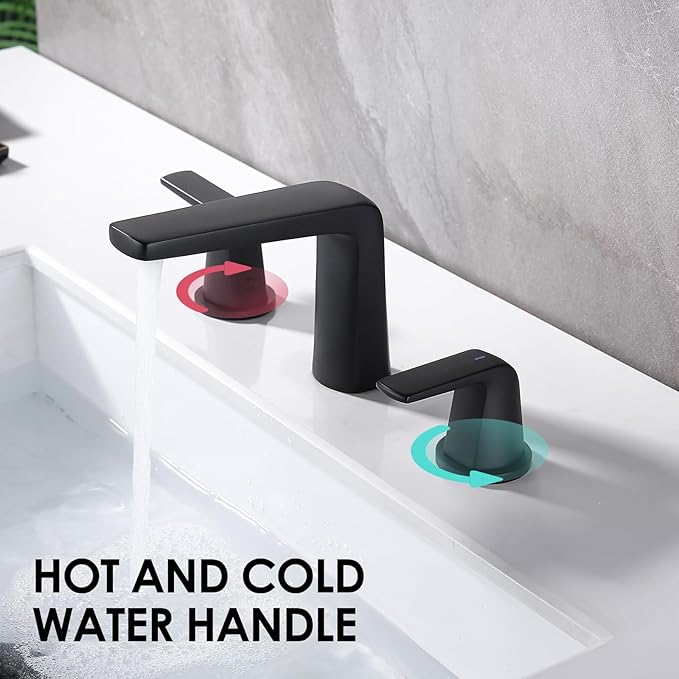8 inch 2 Handles Widespread Bathroom Faucet 3 Holes with Pop up Drain Assembly and Water Supply Lines (Black)
