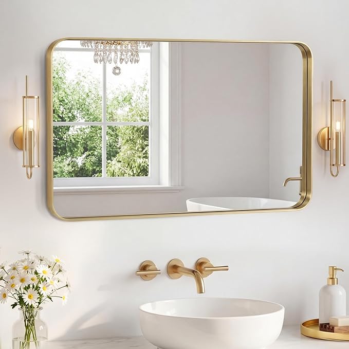 NEWBULIG 24"x36" Wall Mirror, Bathroom Mirrors for Over Sink, Gold | Matte Metal Framed Vanity Mirror with Tempered Glass, Entryway, Living Room, Bedroom