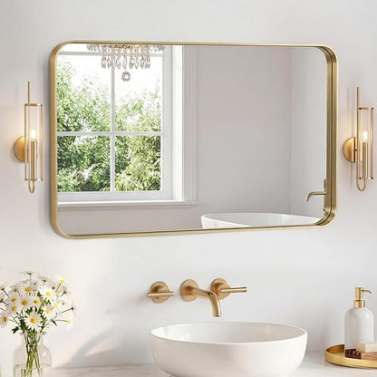 NEWBULIG 24"x36" Wall Mirror, Bathroom Mirrors for Over Sink, Gold | Matte Metal Framed Vanity Mirror with Tempered Glass, Entryway, Living Room, Bedroom