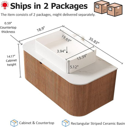 36'' Floating Bathroom Vanity with Sink, Modern Vanities with Rectangular Ceramic Basin and Marble Top, Extra Large Storage Drawer, Soft-Close Design, Pre-Assembled Cabinet, Nature Wood