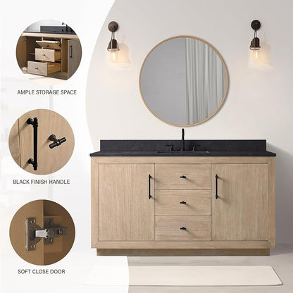 60 Inch Bathroom Vanity with Single Sink & Black Ceramic Top, MDF Material Vanity Cabinet with Basin Combo, Soft-Closing Doors, Removable Shelf, Backsplash