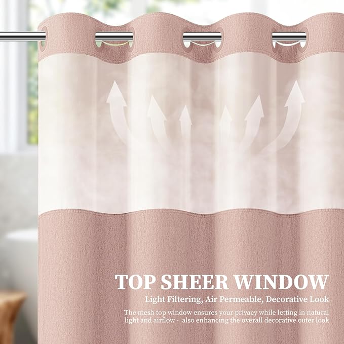 72x81 Ringless Linen Textured Shower Curtain with Snap in Liner, Blush | Tall Size, 3 in 1 Shower Curtain Set, Removable Liner, Waterproof & Washable, Mesh Top Window, Durable Fabric, Easy Setup