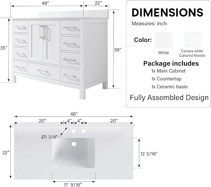 48-Inch Bathroom Vanity with Sink, 2 Soft-Close Doors and 9 Soft-Close Drawers, Bathroom Freestanding Vanity with Cultured Marble Countertop, White Vanity with Brushed Nickel Handles