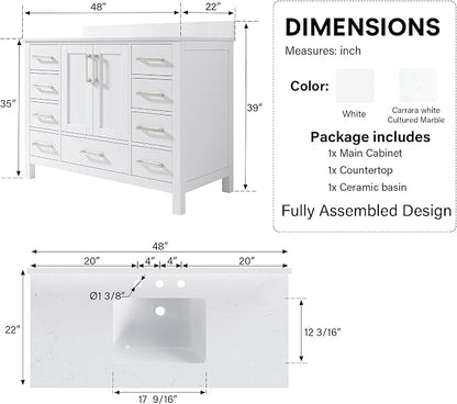 48-Inch Bathroom Vanity with Sink, 2 Soft-Close Doors and 9 Soft-Close Drawers, Bathroom Freestanding Vanity with Cultured Marble Countertop, White Vanity with Brushed Nickel Handles