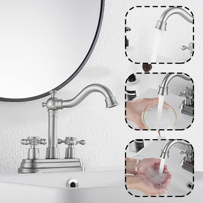 Bathroom Faucet Brushed Nickel GGStudy 2 Handles 4 Inches Centerset Bathroom Vanity with Drain Assembly and Supply Hose Lavatory Mixer Double Handle Tap