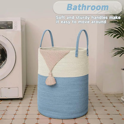 JMvicyroam 60L Cotton Rope Laundry Basket Hamper, White and Blue | Collapsible laundry basket, reinforced handles, freestanding, machine washable, holds 3-5 thick blankets, clothes or toys