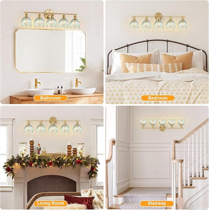 Bathroom Light Fixtures, 5-Light Brushed Gold Vanity Lights for Bathroom with Blue Tulip Glass Shade, 30" Vintage Bathroom Vanity Lighting Fixtures Over Mirror for Bedroom Living Room Hallway