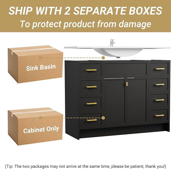 48 Inch Freestanding Bathroom Vanity with Sink, Shaker Style Black Cabinet with 8 Drawers & Double Doors, Waterproof Lacquer Finish, Maximum Multi-Drawer Storage for Master Bathroom