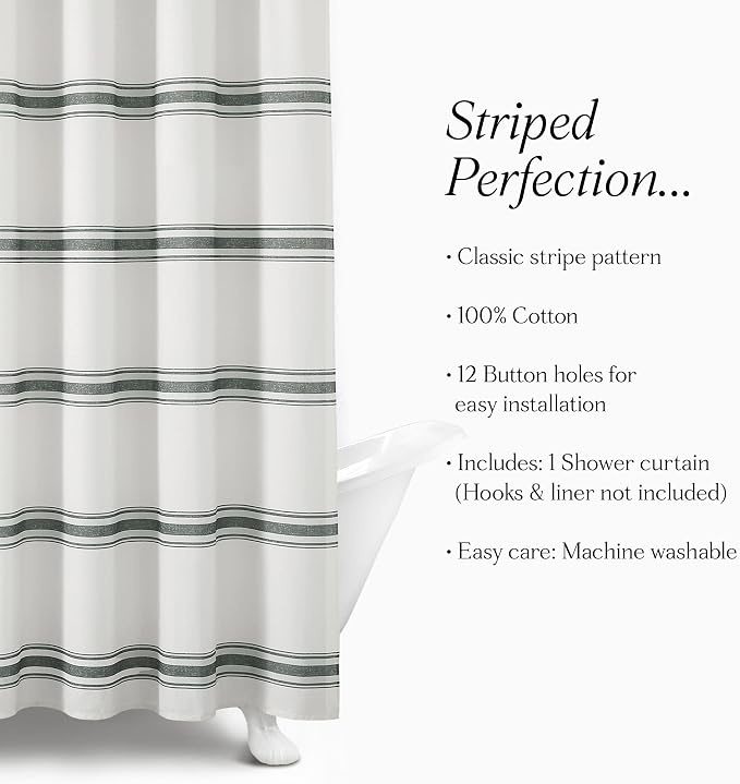 Lush Decor Farmhouse Stripe Cotton Shower Curtain, 72" W x 72" L, Dark Gray - Striped Bathroom Curtain - Fabric Shower Curtains - Farmhouse Bathroom Decor