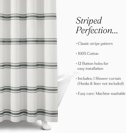 Lush Decor Farmhouse Stripe Cotton Shower Curtain, 72" W x 72" L, Dark Gray - Striped Bathroom Curtain - Fabric Shower Curtains - Farmhouse Bathroom Decor