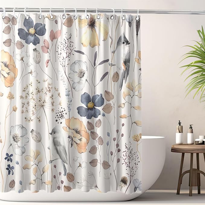 Flower Floral Shower Curtain, Watercolor Wildflower with Botanical and Birds Fabric Shower Curtains Set, Boho Plants Shower Curtains with Hooks, Minimalist Bthroom Decor 72x72inch
