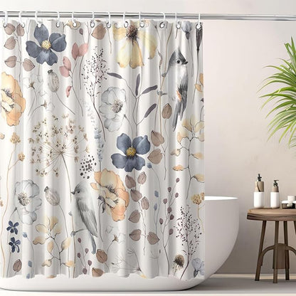 Flower Floral Shower Curtain, Watercolor Wildflower with Botanical and Birds Fabric Shower Curtains Set, Boho Plants Shower Curtains with Hooks, Minimalist Bthroom Decor 72x72inch